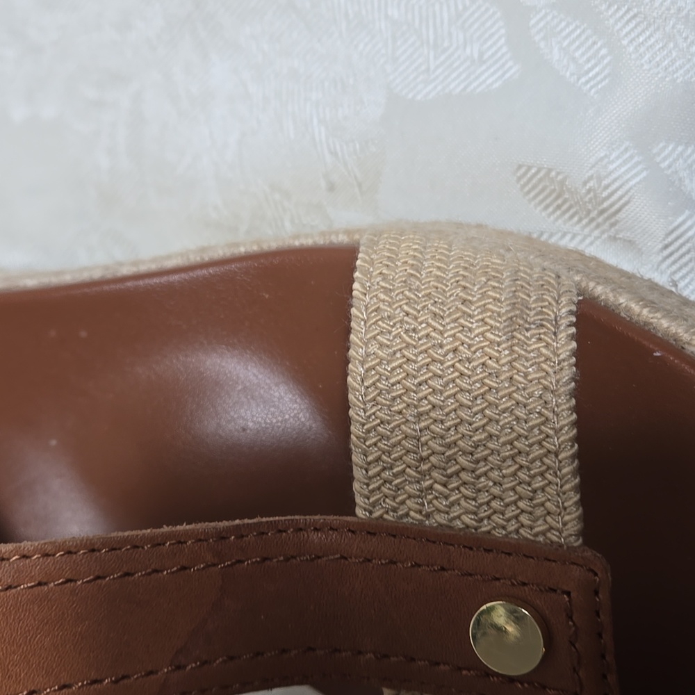 Vionic Brown Leather and Tan Raffia Fabric Wedge Sandals - Picture 4 of 11